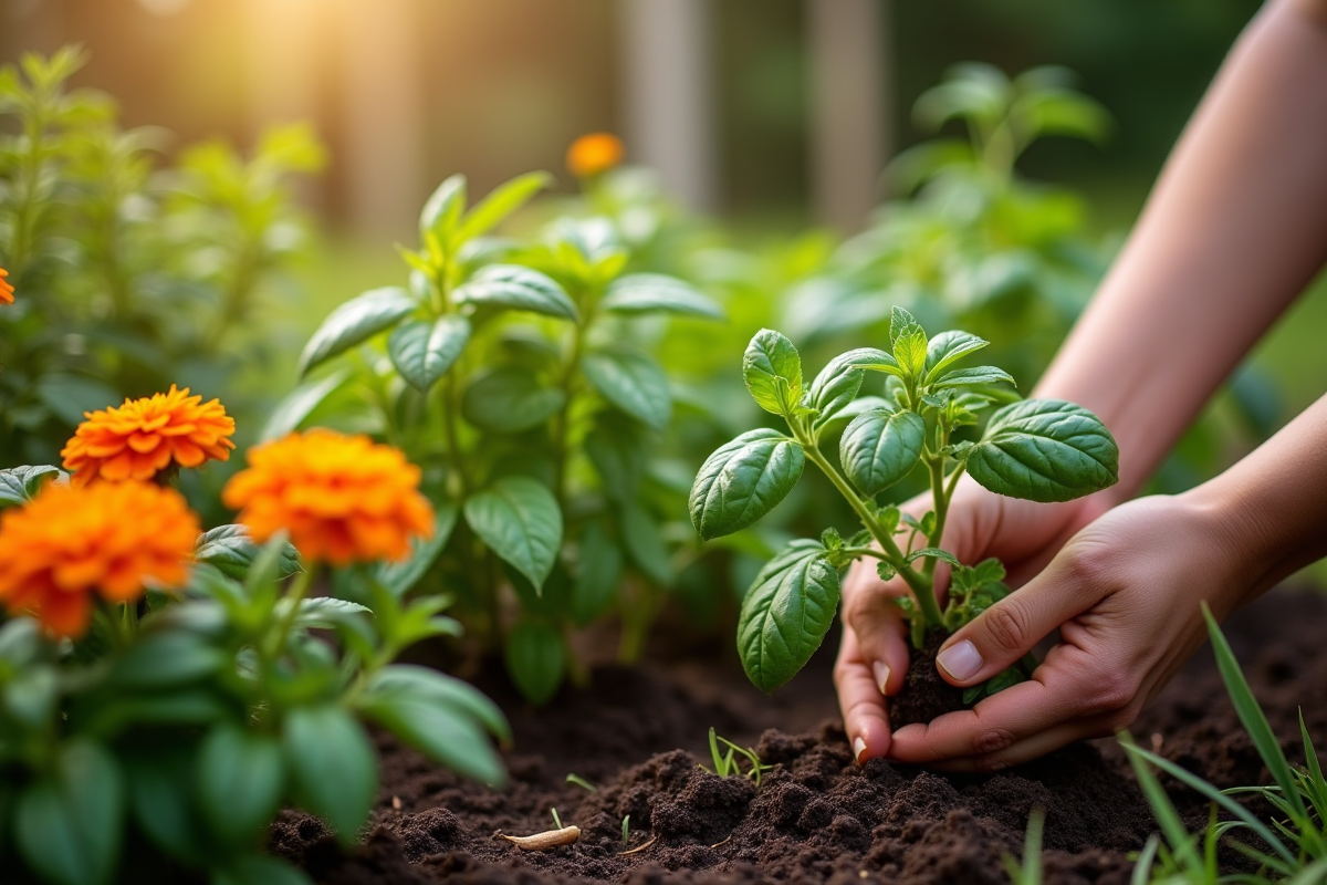 Mains plaçant des plantes compagnons comme basilic et souci près des piments