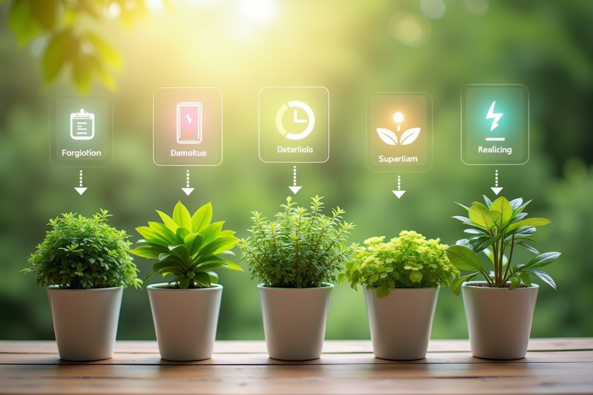 Plantes en pot avec icônes numériques de surveillance en extérieur