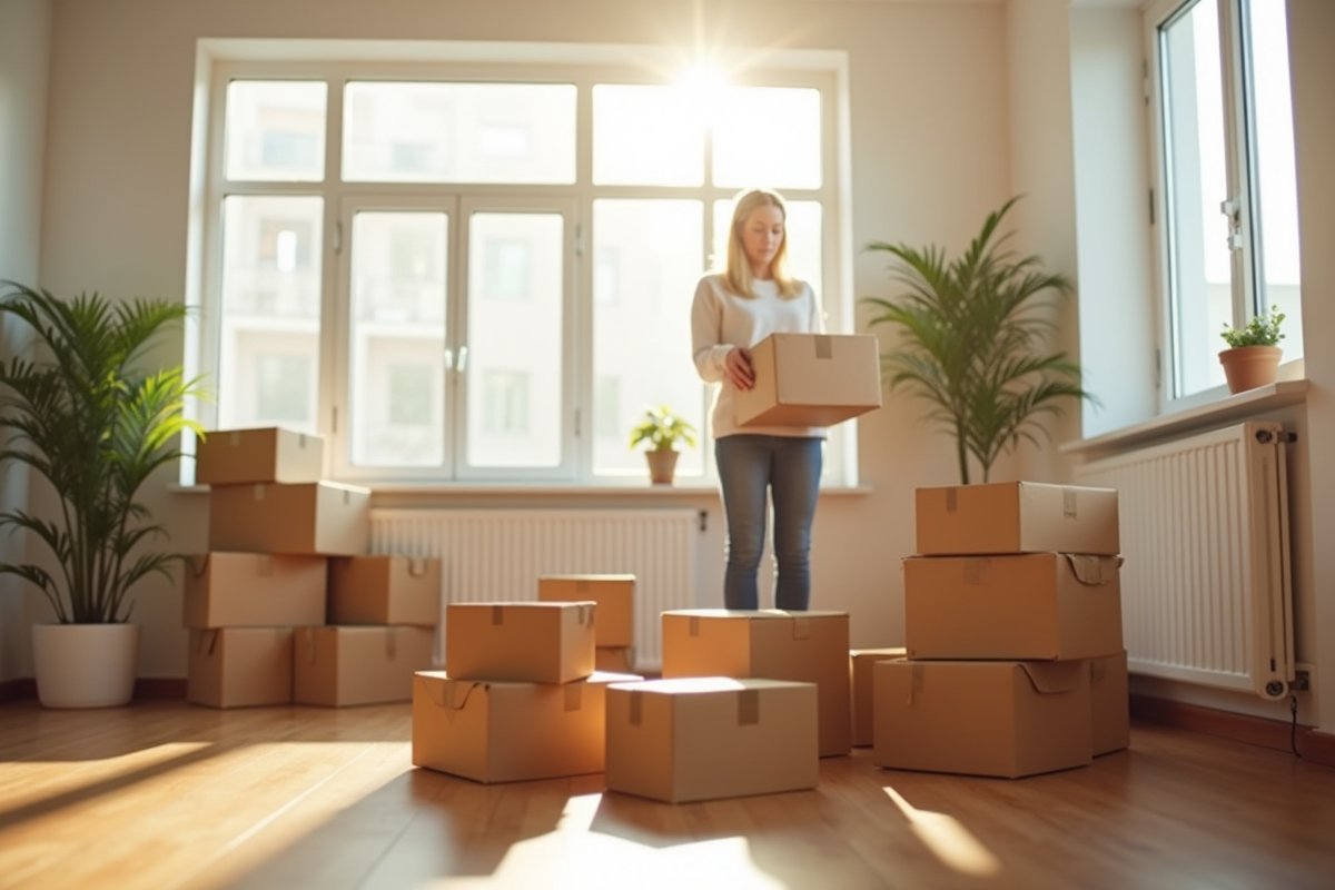 Personne pliant des cartons dans un salon lumineux