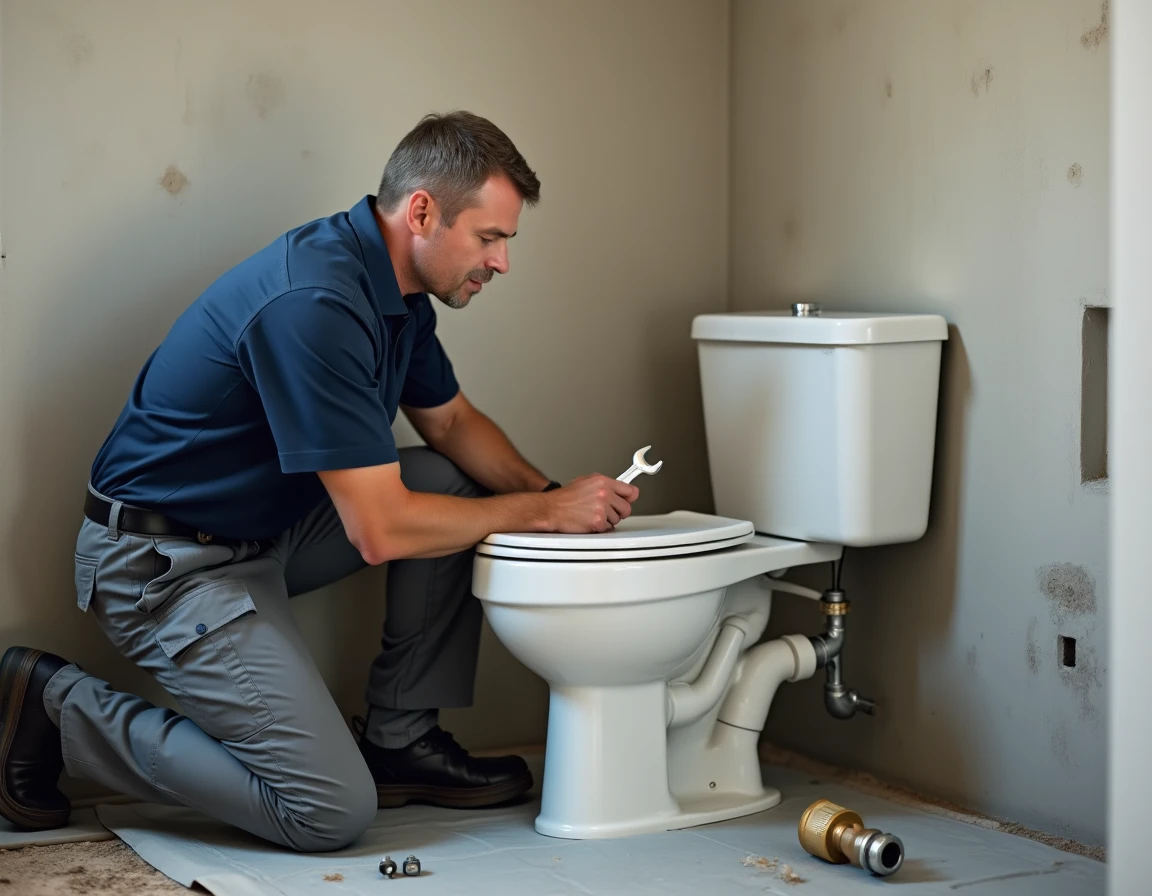 Plombier installant un réservoir lave-main WC dans une salle de bain en rénovation avec outils et raccords visibles