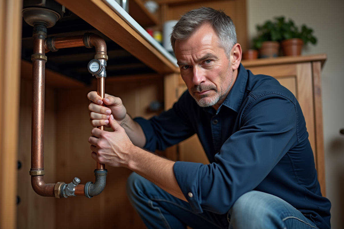 Plombier homme fixant une union dielectric sous évier cuisine