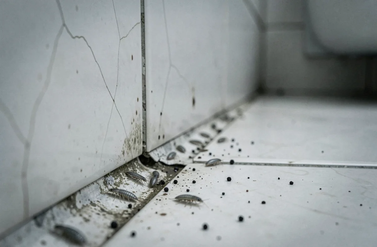 Traces d'insectes argentés et déjections de nuisibles le long d'une plinthe de salle de bain humide près d'une fuite