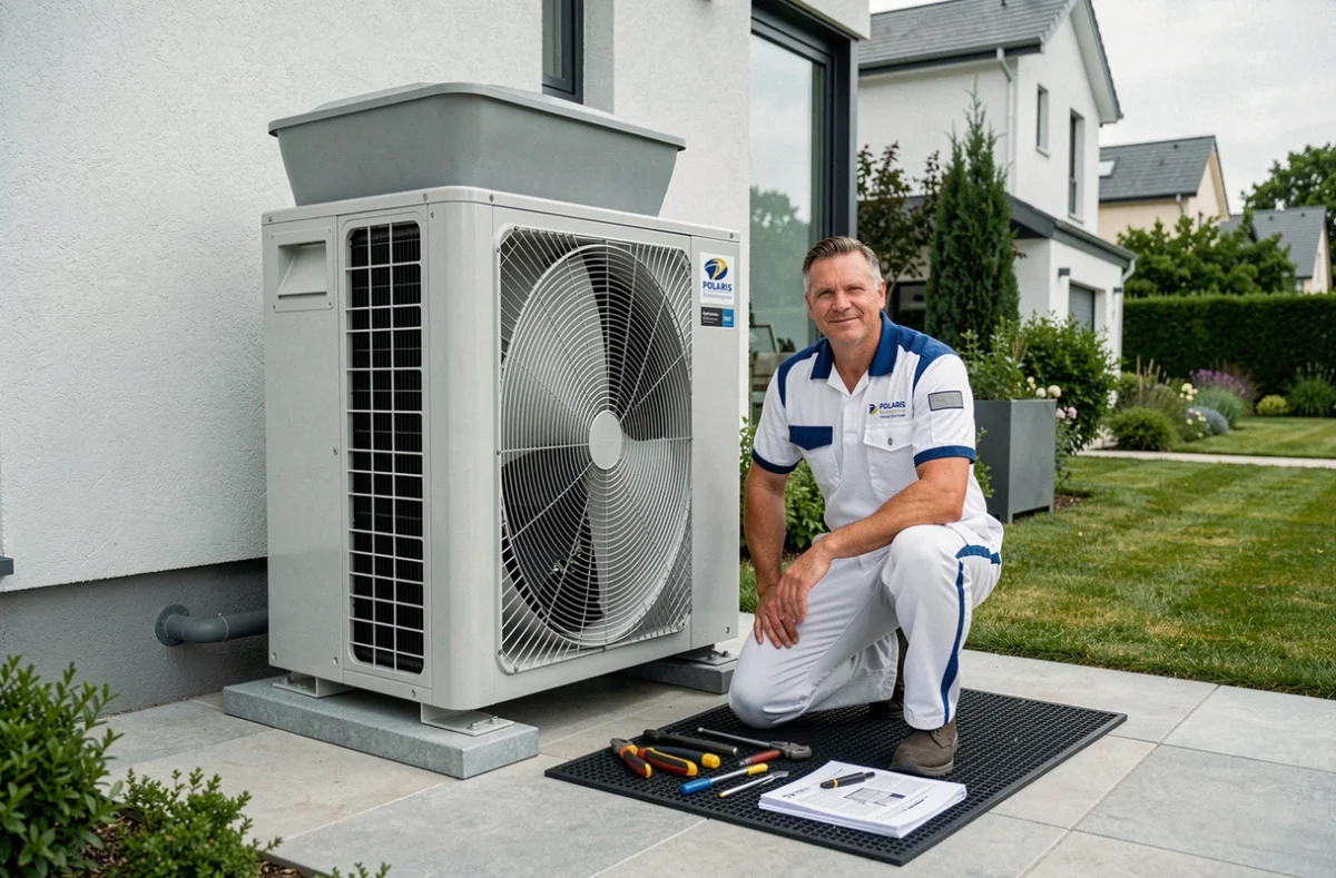 Technicien POLARIS Solutions Thermiques installant une pompe à chaleur réversible sur une terrasse résidentielle