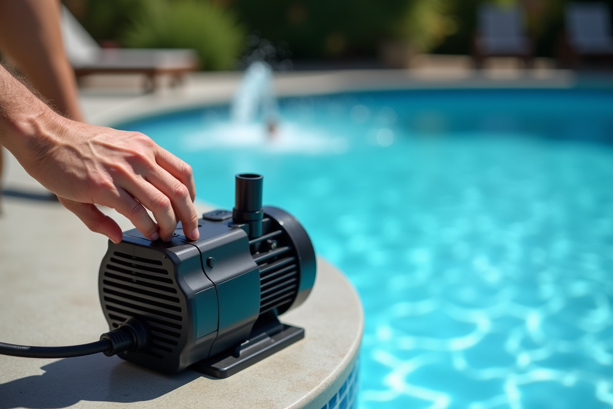 Main primant une pompe de nage moderne près d'une piscine extérieure ensoleillée
