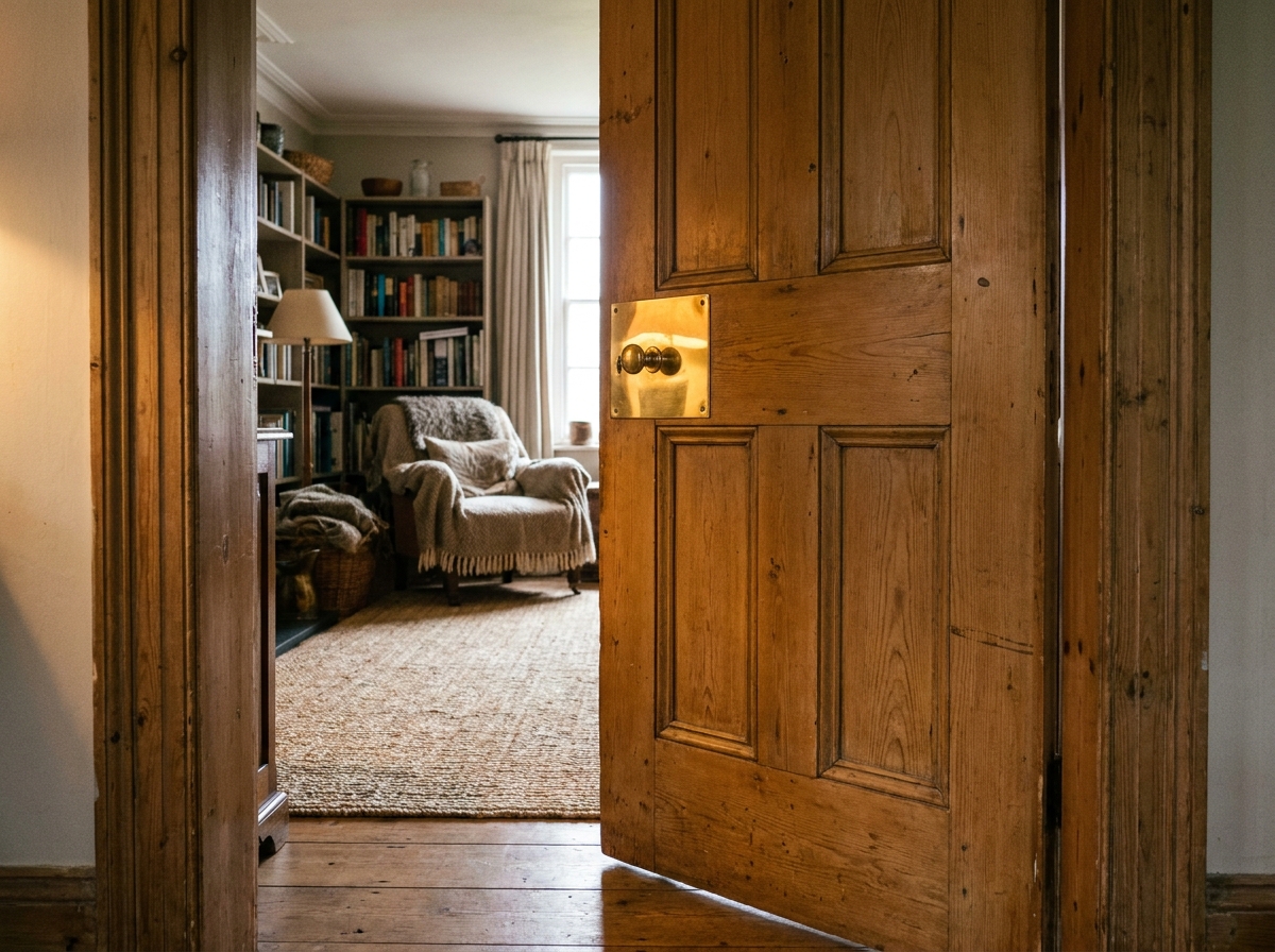 Porte battante en bois chêne légèrement entrouverte donnant sur un salon chaleureux décoré avec des étagères et un tapis tissé