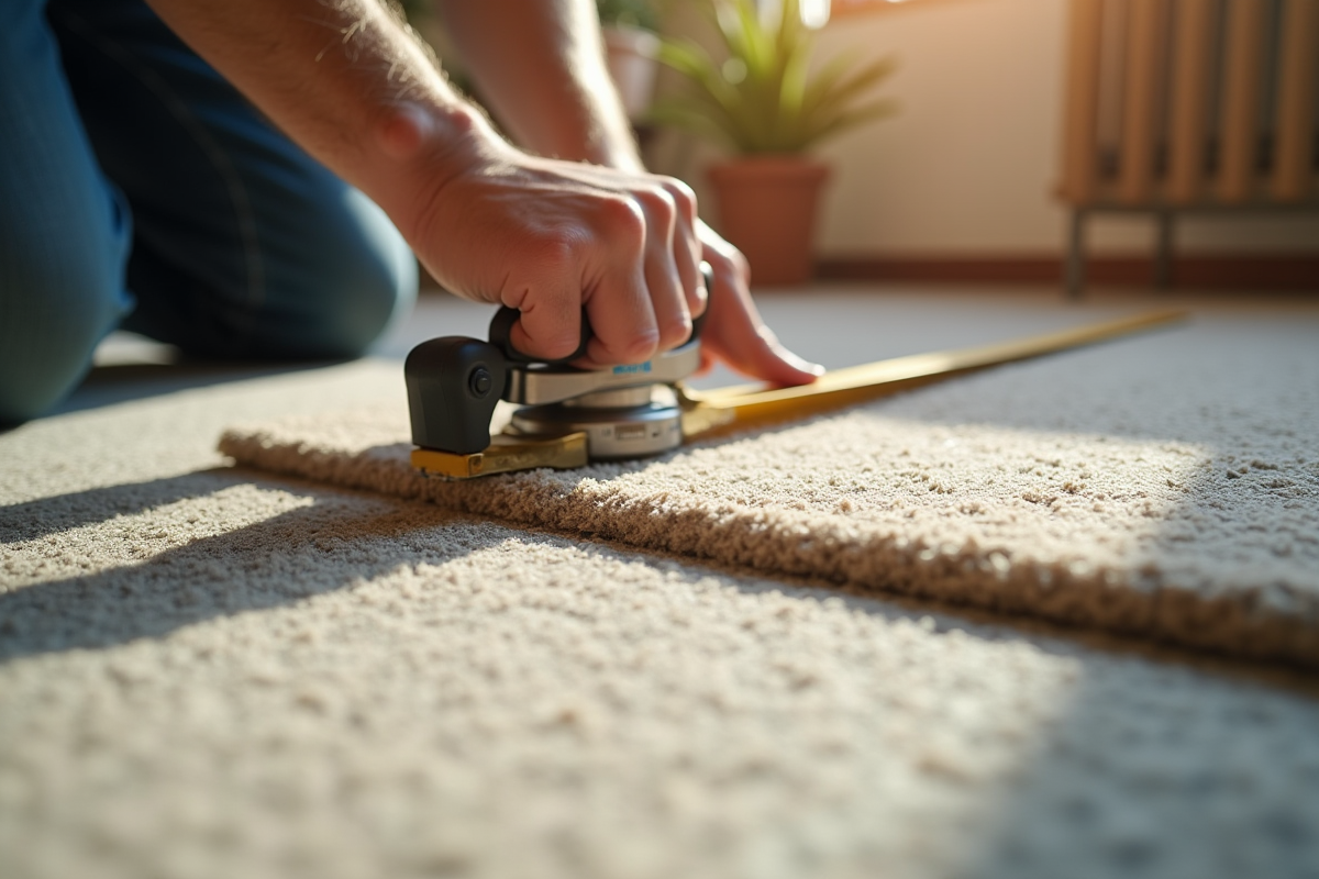 Mains mesurant et installant des carreaux de fibres naturelles