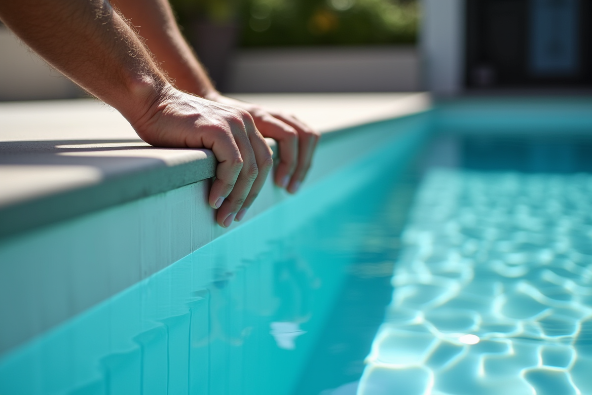 Détail de la pose de la margelle de piscine par des mains expertes