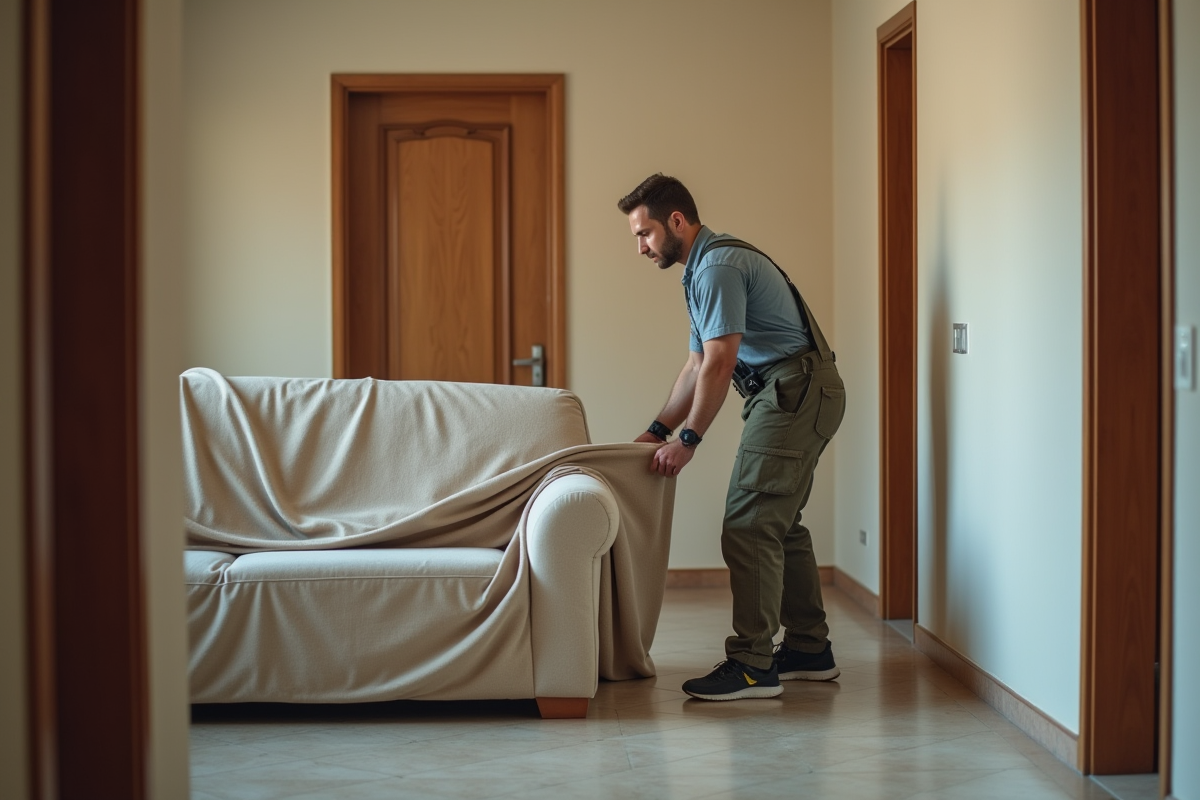 Moveur professionnel couvrant un canapé dans un couloir d