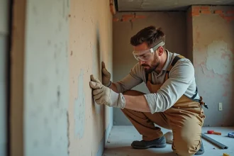 Ouvrier posant une plaque d'isolation thermique rigide sur un mur intérieur en brique dans une pièce en chantier