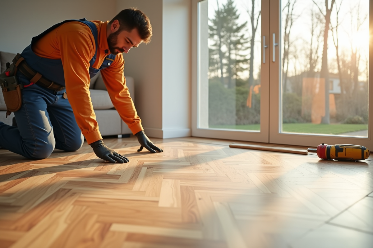 Poseur de parquet installant un nouveau sol en bois dans un salon lumineux