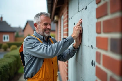 Ouvrier appliquant panneaux d'isolation ext&eacute;rieure sur une maison