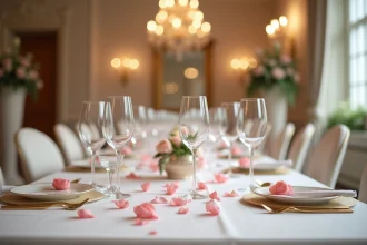 Table de mariage dressée avec verres à vin, flûtes à champagne et gobelets positionnés selon les codes du service formel, nappe blanche et couverts dorés
