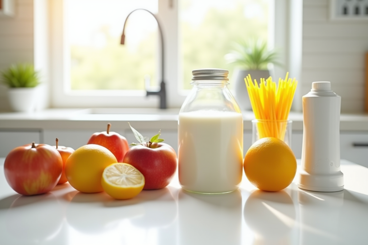 Produits de consommation courante sur un plan de travail moderne