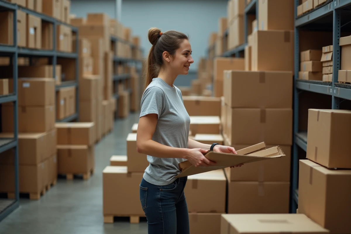 Femme récupérant des cartons gratuits dans la réserve d'une épicerie pour préparer un déménagement longue distance