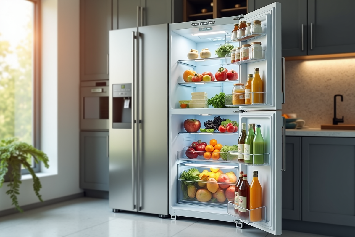 Réfrigérateur moderne dans une cuisine lumineuse rempli de fruits et légumes