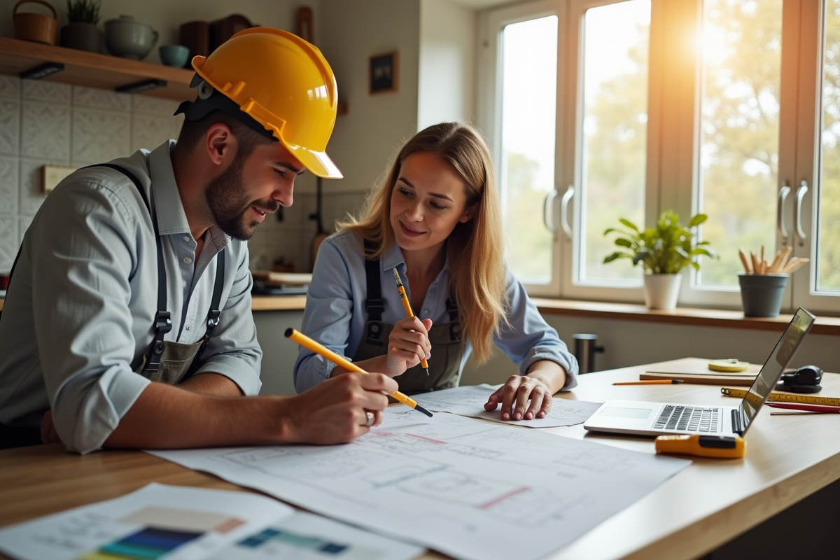 Entrepreneur et propriétaire discutant plans de rénovation dans la cuisine