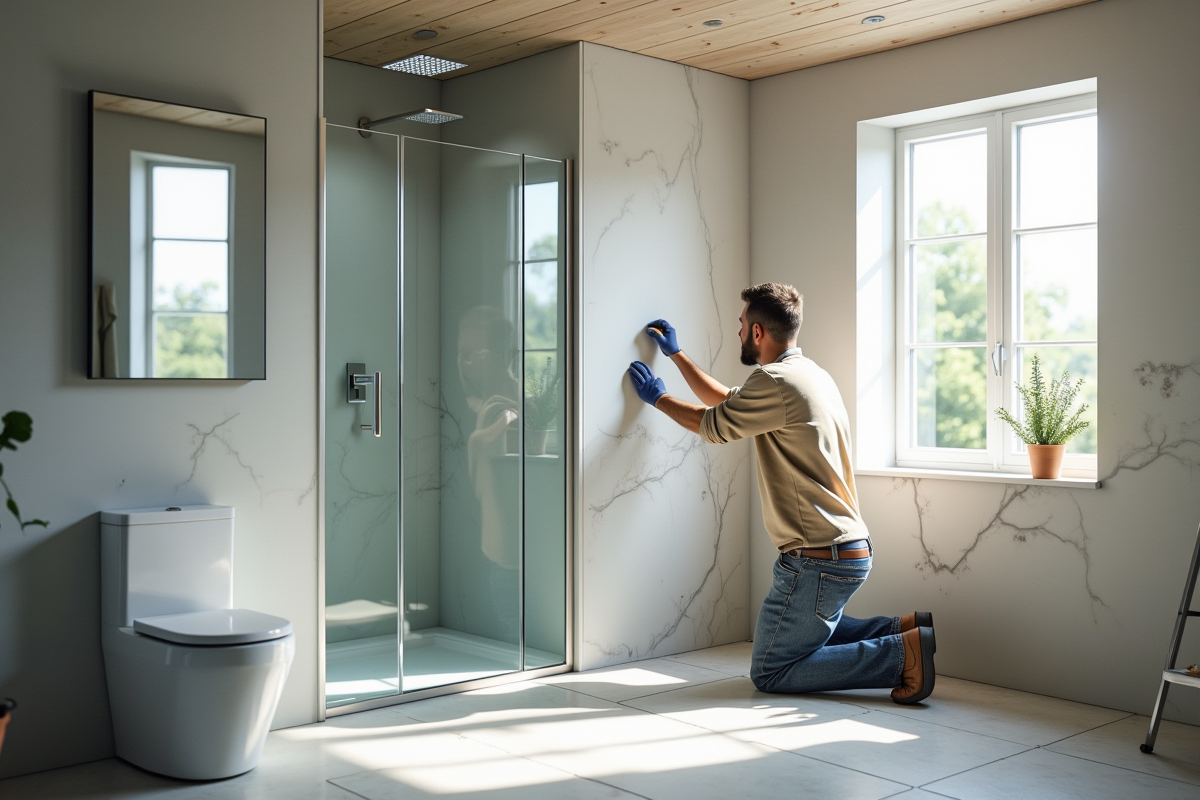 Rénovation salle de bain moderne en cours avec douche