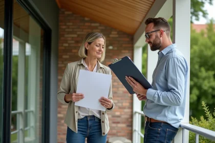 Femme d'&acirc;ge moyen v&eacute;rifiant plans de r&eacute;novation veranda moderne