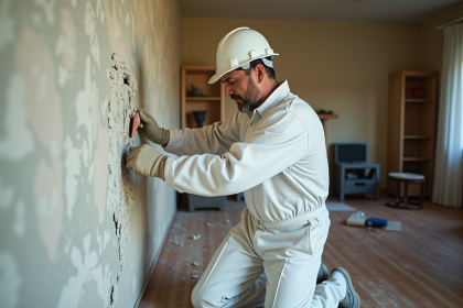 Ouvrier en protection blanche reparant un mur intérieur