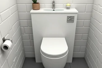 Réservoir lave-main WC intégré sur toilette murale avec carrelage gris clair et robinetterie en nickel brossé
