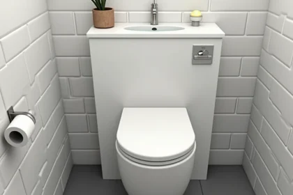 Réservoir lave-main WC intégré sur toilette murale avec carrelage gris clair et robinetterie en nickel brossé