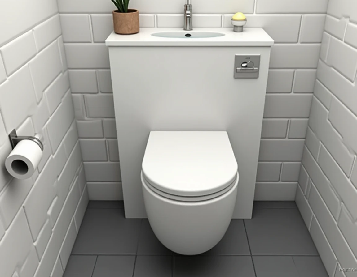 Réservoir lave-main WC intégré sur toilette murale avec carrelage gris clair et robinetterie en nickel brossé