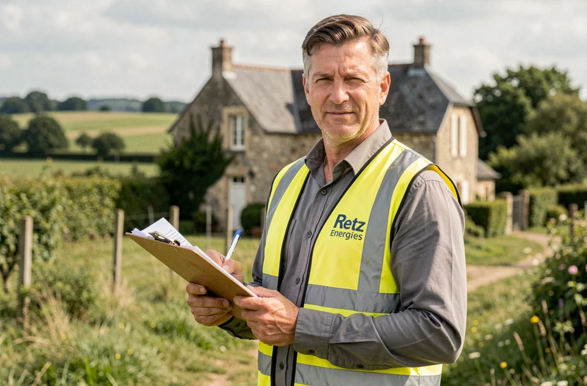 Spécialiste en rénovation énergétique de Retz Energies devant une maison rurale du Pays de Retz
