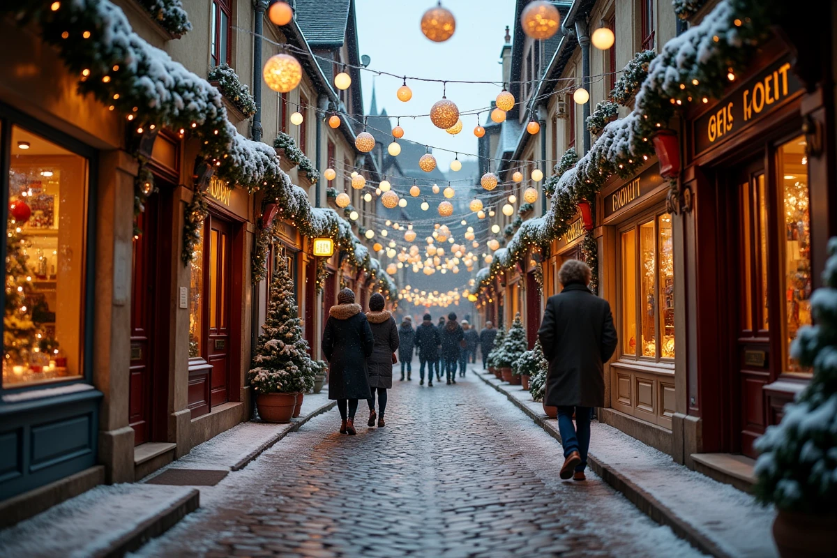 Rue pavée de village français décorée de guirlandes lumineuses extérieures pour les fêtes de Noël 2026