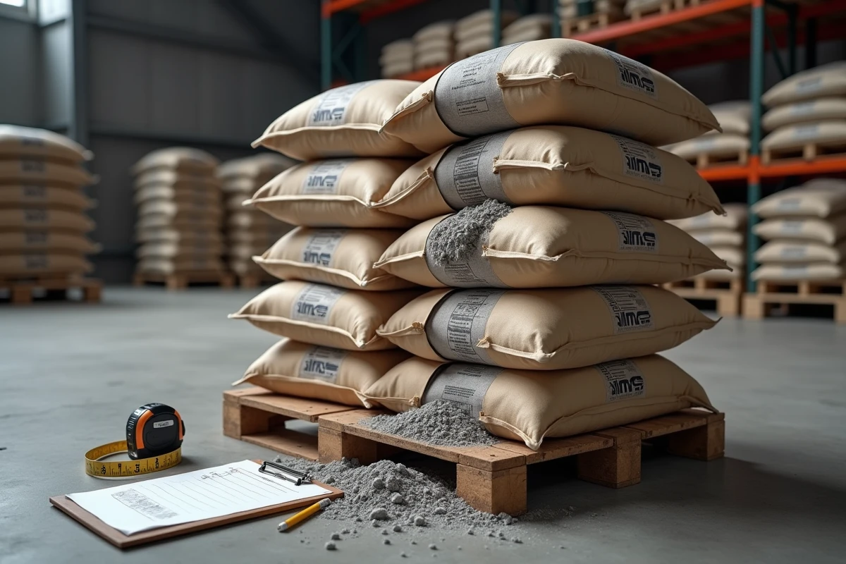 Sacs de ciment empilés sur palette en entrepôt avec du ciment gris renversé et une liste de calcul pour 1m3 de béton