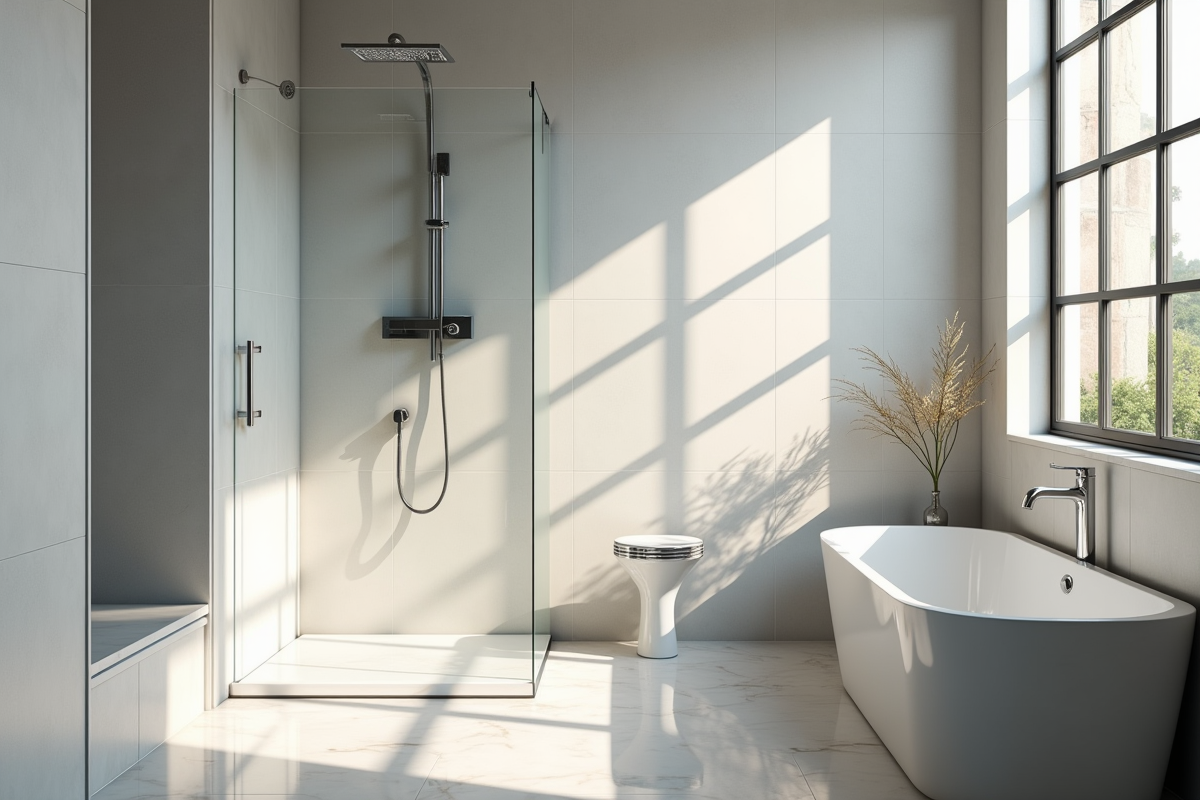 Intérieur salle de bain contemporaine avec douche et lumière