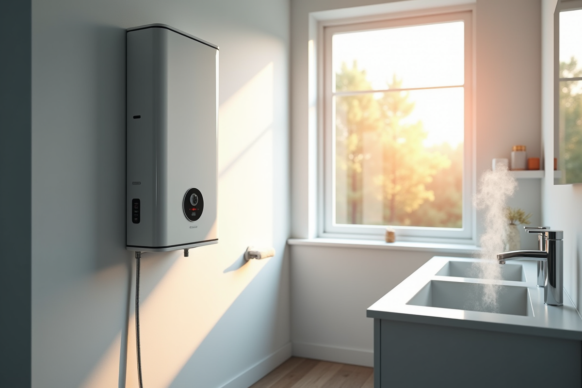 Salle de bain moderne avec chauffe-eau électrique et lumière naturelle