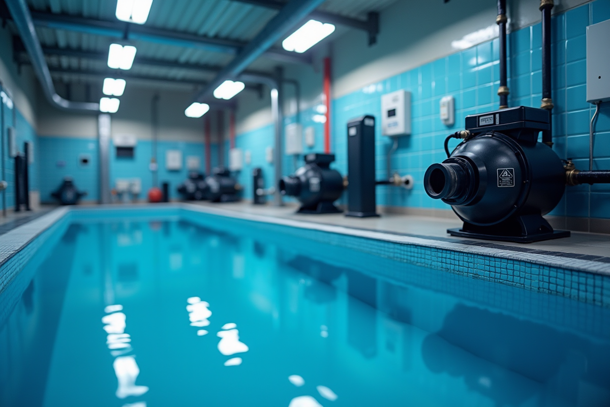 Salle technique de piscine avec pompes et panneau de contrôle numérique