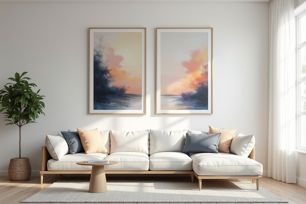 Salon moderne avec deux tableaux abstraits symetriques