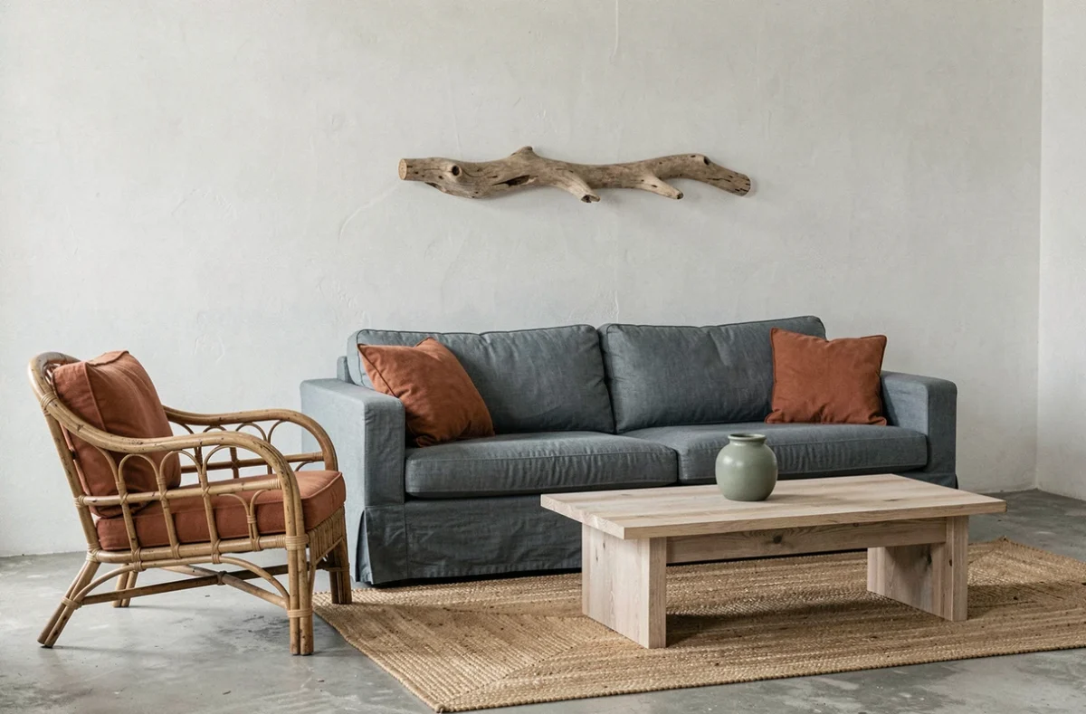 Salon bord de mer contemporain avec canapé bleu ardoise, coussins terracotta et sol en béton brut