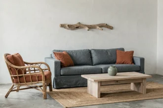 Salon bord de mer contemporain avec canapé bleu ardoise, coussins terracotta et sol en béton brut