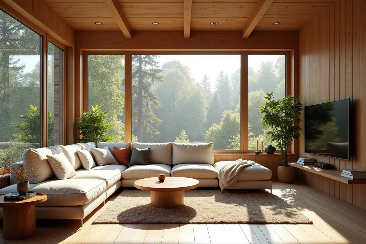Salon chaleureux avec bois naturel et grande baie vitrée