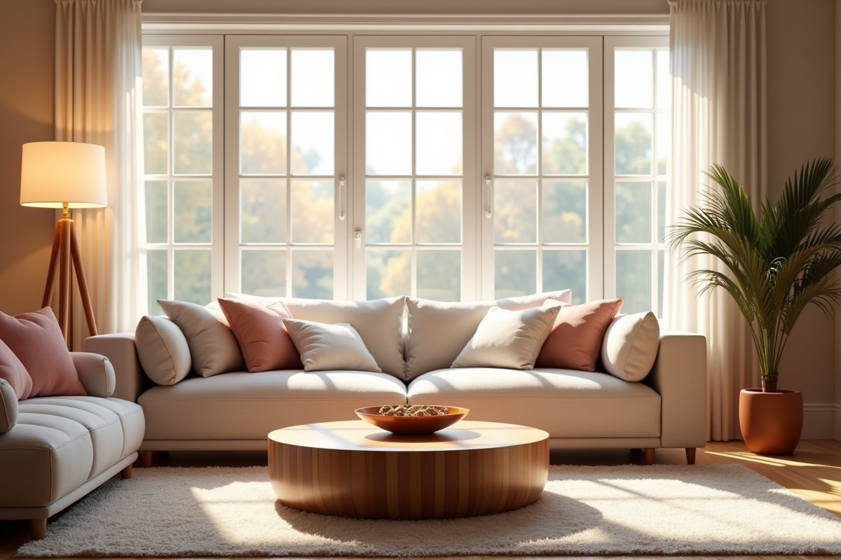 Salon cosy avec lumière naturelle et ambiance chaleureuse