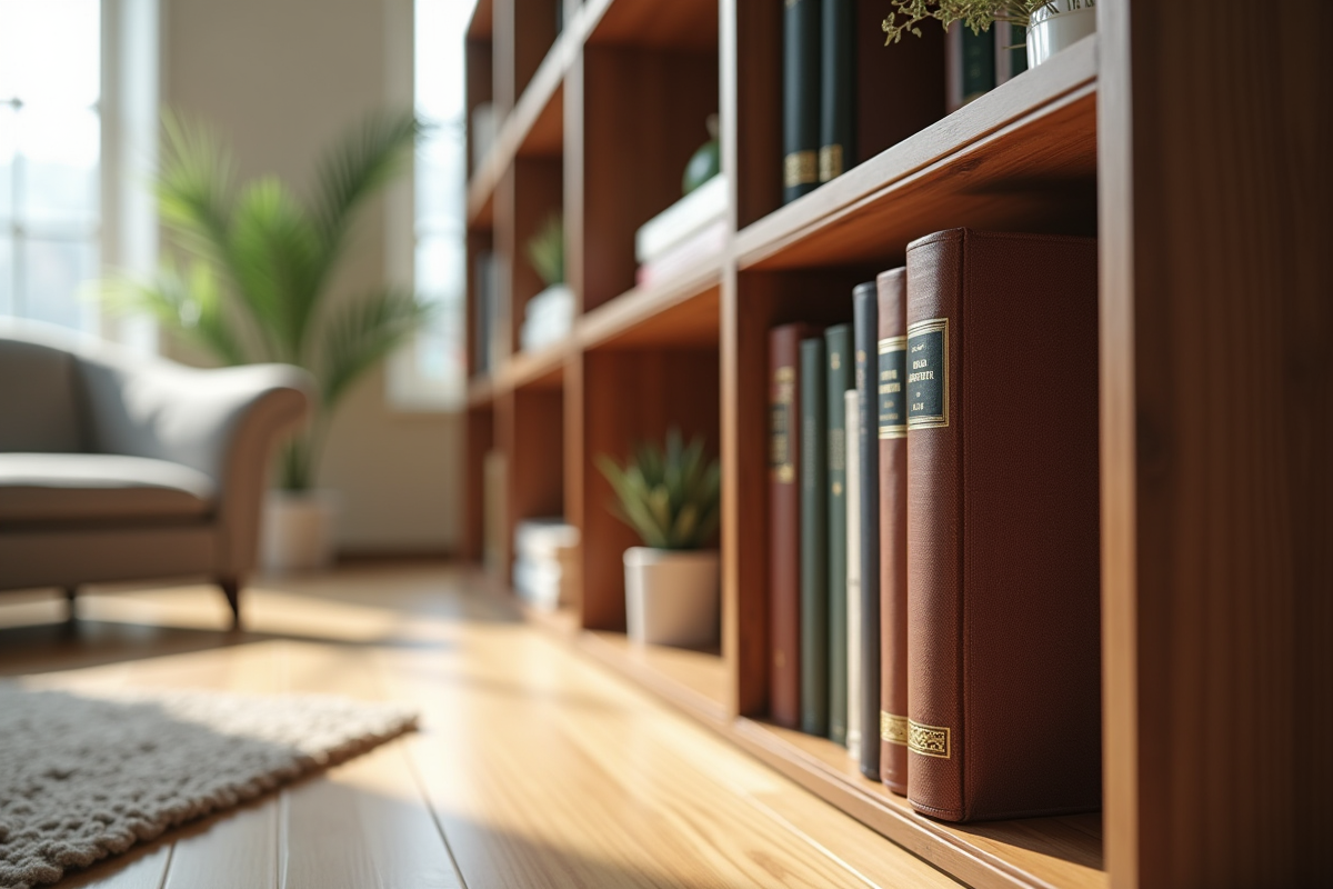 Salon lumineux avec bibliothèque et compartiment secret