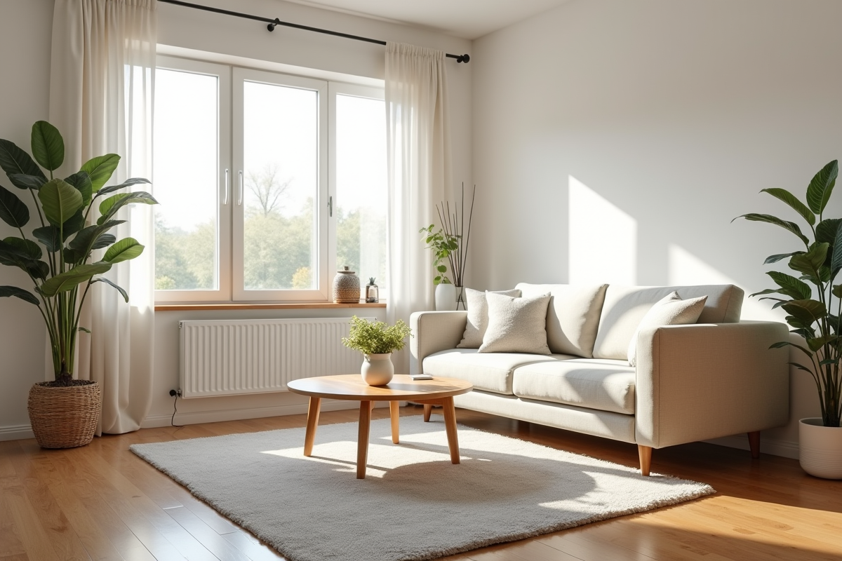 Salon moderne lumineux avec décoration minimaliste et fleurs