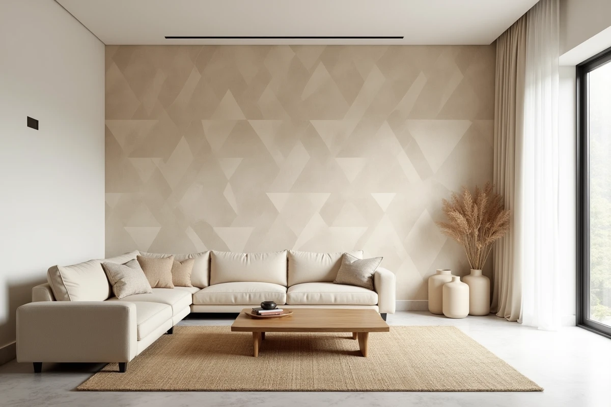 Salon minimaliste avec papier peint motif beige géométrique sur mur accent, canapé crème et table basse en chêne