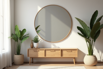 Salon moderne avec grand miroir rond et decor scandinave