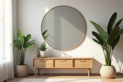 Salon moderne avec grand miroir rond et decor scandinave