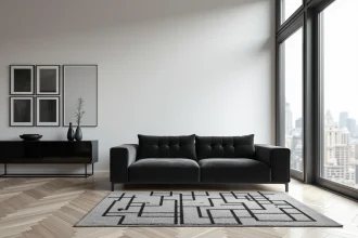 Salon contemporain en noir et blanc avec canapé en velours charbon, tapis géométrique et galerie de cadres monochrome dans un appartement urbain