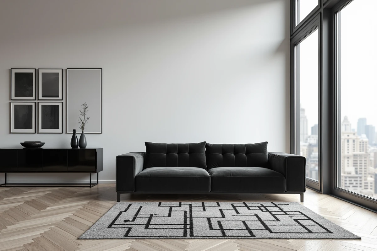 Salon contemporain en noir et blanc avec canapé en velours charbon, tapis géométrique et galerie de cadres monochrome dans un appartement urbain