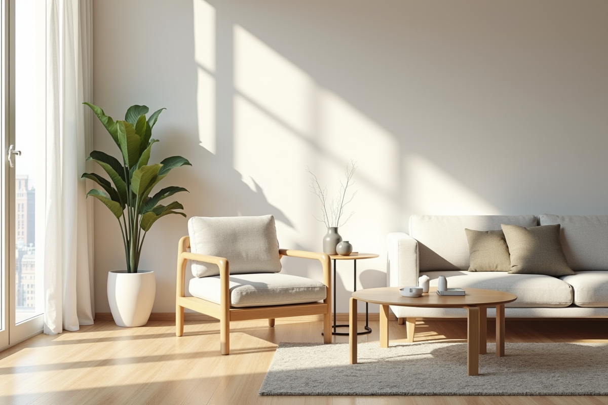 Salon moderne avec sol en fibres naturelles et lumière naturelle