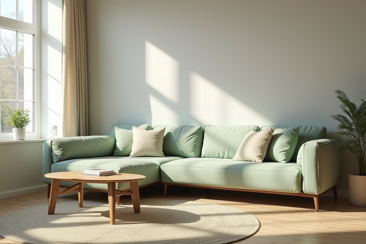 Salon scandinave moderne avec canapé vert sauge lumineux
