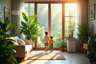 Salon moderne avec plantes vertes et famille ouvrant la fenetre