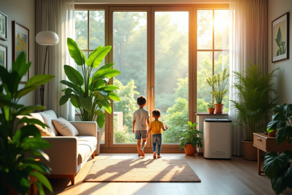 Salon moderne avec plantes vertes et famille ouvrant la fenetre