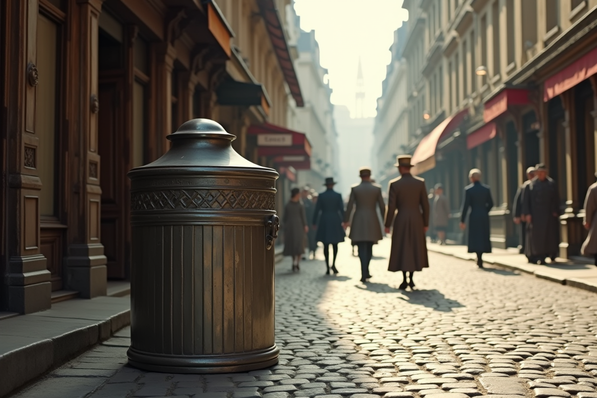 Scène de rue parisienne du XIXe siècle avec poubelles en métal