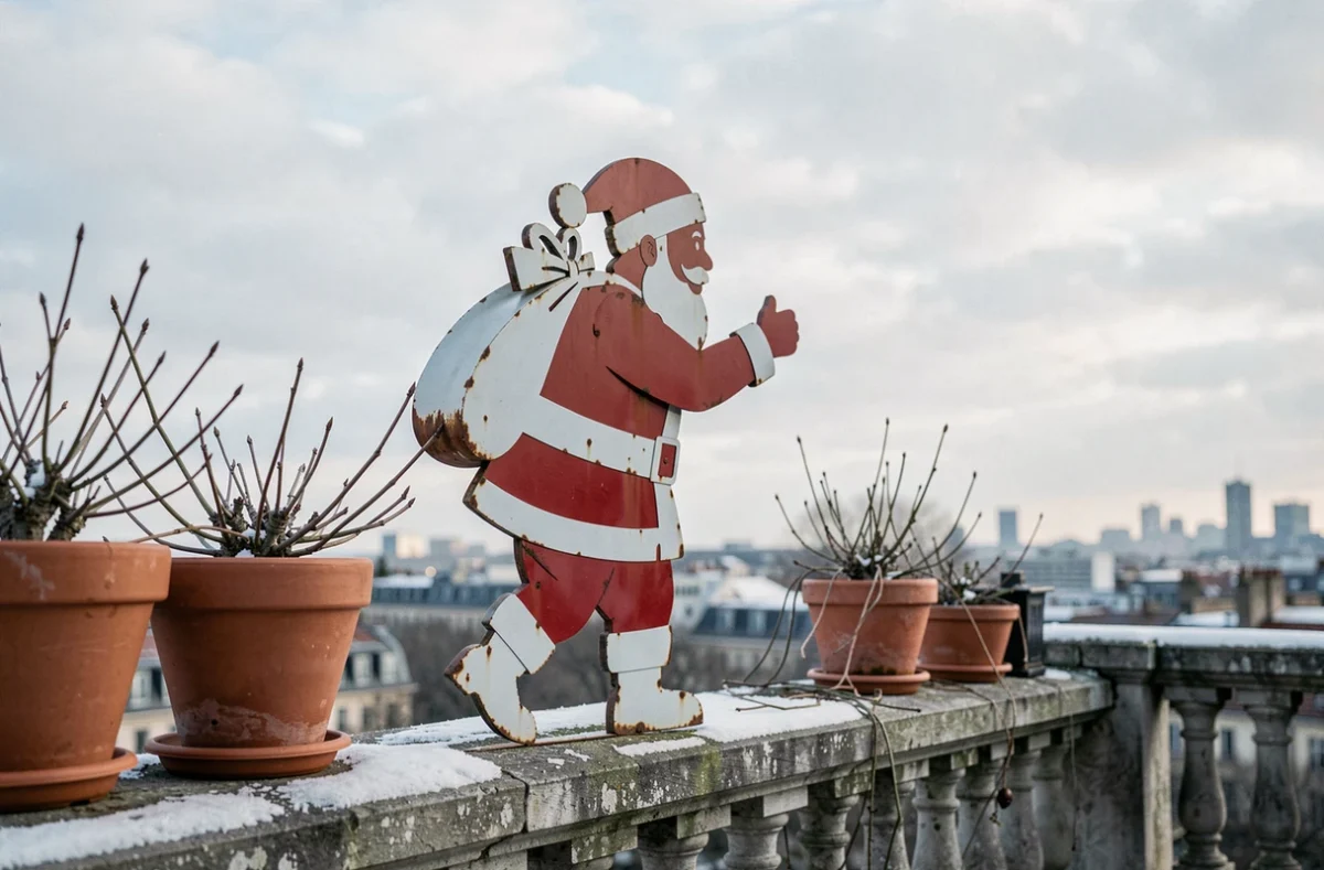 Silhouette métallique de père Noël grimpant sur le rebord d'un toit en terrasse avec sac de cadeaux